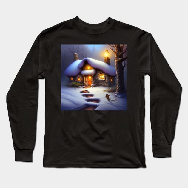 Magical Fantasy Cottage with Lights In A Snowy Scene, Scenery Nature Long Sleeve T-Shirt by Promen Art